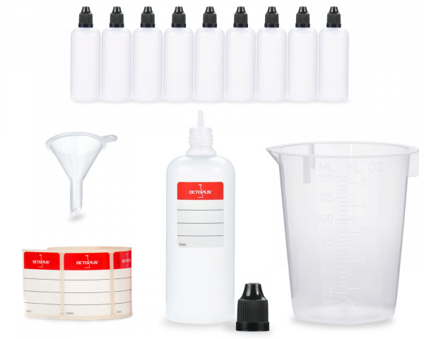 10 x 100 ml LDPE liquid bottles with black caps, mini funnel, measuring cup and labels