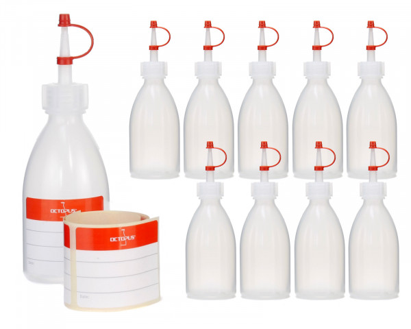 Plastikflaschen 100 ml aus LDPE, natur, G18, Tropfverschluss, rotes Halteband und Käppchen