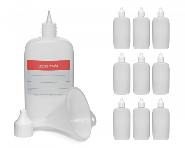 10 Ovalflaschen aus HDPE, natur, Gewinde RD18, mit Deckel und Trichter, 14g, Volumen 100 ml