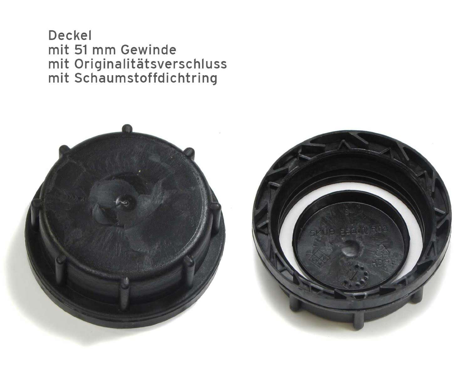 Verschluss für 51mm Öffnung, schwarz mit PE-Schaumringdichtung und  untenliegendem Originalitätsring