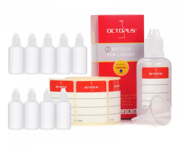 10 x 50 ml soft LDPE dropper bottles with white caps and funnel