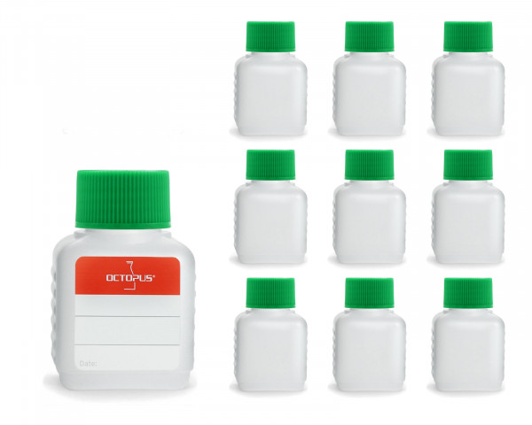 10 x 50 ml Plastikflaschen aus HDPE mit grünen Schraubverschlüssen