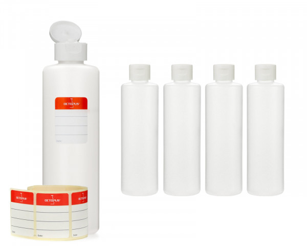 5 x 250 ml round HDPE plastic bottles with white turn-up lid caps