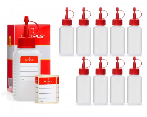 10 x 100 ml HDPE plastic bottles with red dosage caps