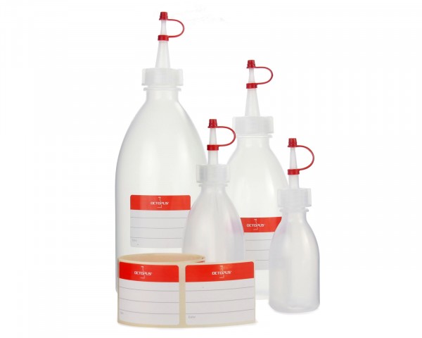 4x LDPE plastic bottles 50 ml, 100 ml, 250 ml, 500 ml with dropper cap