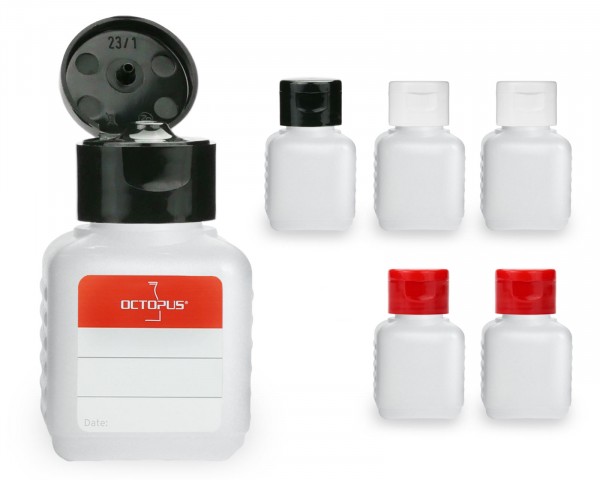 6 x 50 ml HDPE plastic bottles with colorful (2x black, white, red each) turn-up lid caps