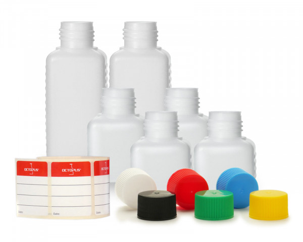 6x HDPE Kunststoffflaschen mit bunten Schraubverschlüssen