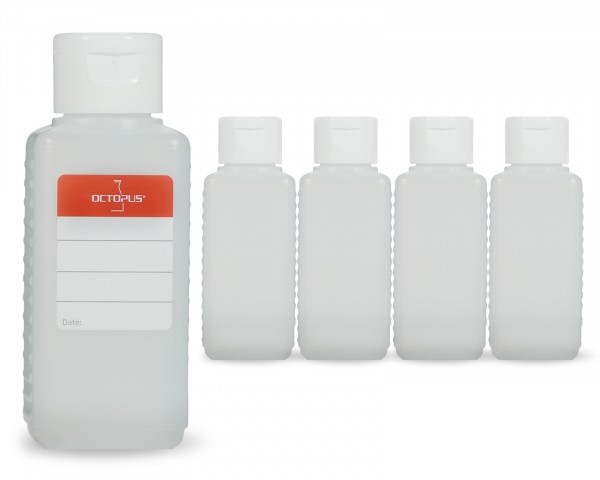 5 x 100 ml HDPE plastic bottles with white turn-up lid caps