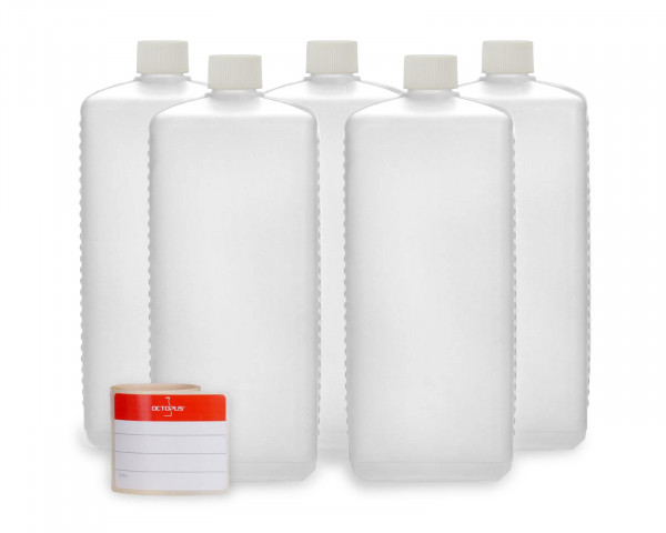 Plastic bottles 1.000 ml, empty, for refill sets, 5 pieces with screw caps