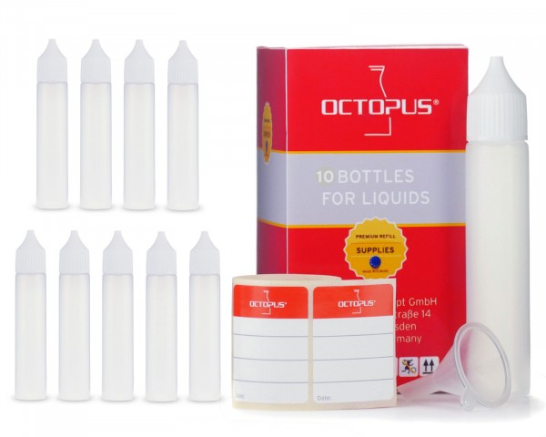 10 plastic bottles 30 ml oblong made of LDPE, G18, dropper, white cap, 1 mini funnel