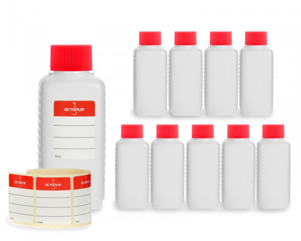 10 x 100 ml Plastikflaschen aus HDPE mit roten Schraubverschlüssen