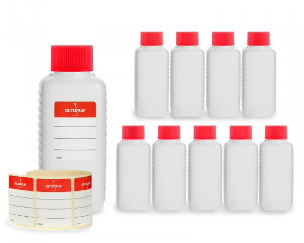 10 x 100 ml HDPE plastic bottles with red screw caps