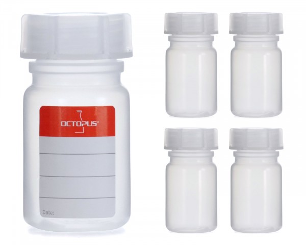 5x 50 ml Wide neck bottle with screw cap, chemical bottle, laboratory bottle LDPE, natural colour