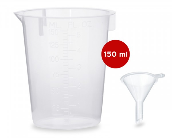 1x measuring cup 150 ml + 1x mini funnel for filling and transferring liquids such as inks, e-liquids, oils, foods, bases ...