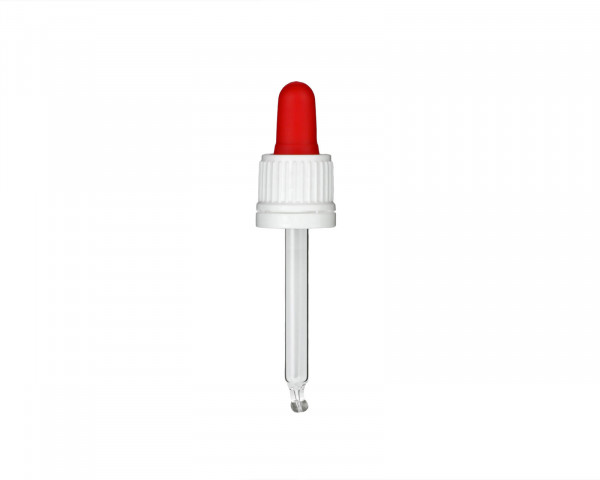 Glaspipette in weiß, Gummikappe rot, mit Originalitätsring für 20 ml PET-Flasche