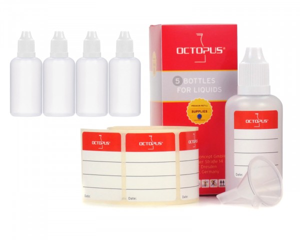 5 x 50 ml soft LDPE dropper bottles with white caps and funnel