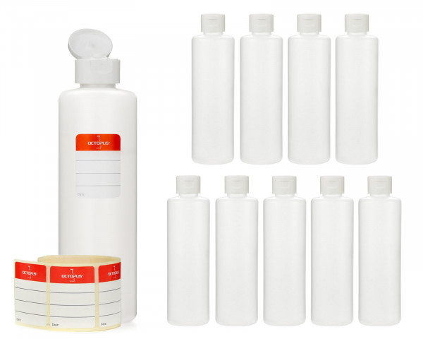 10 x 250 ml round HDPE plastic bottles with white turn-up lid caps