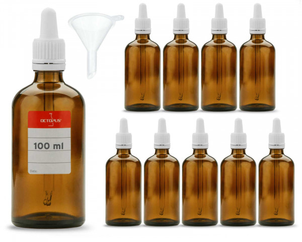 10 x 100 ml amber glass bottles with pipettes, laboratory bottles with dosing pipette, incl. funnel + labels