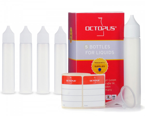 5 plastic bottles 30 ml oblong made of LDPE, G18, dropper, white cap, 1 mini funnel