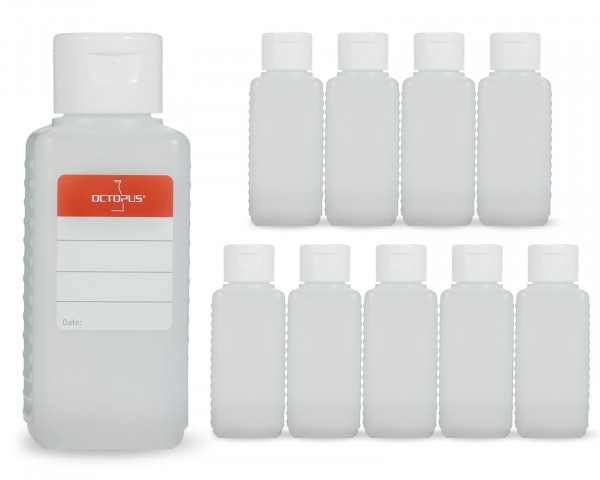 10 x 100 ml HDPE plastic bottles with white turn-up lid caps