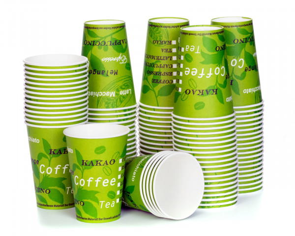 100x drinking cups, BIO green, coffee to go paper cups, coffee cups with 180 ml filling volume