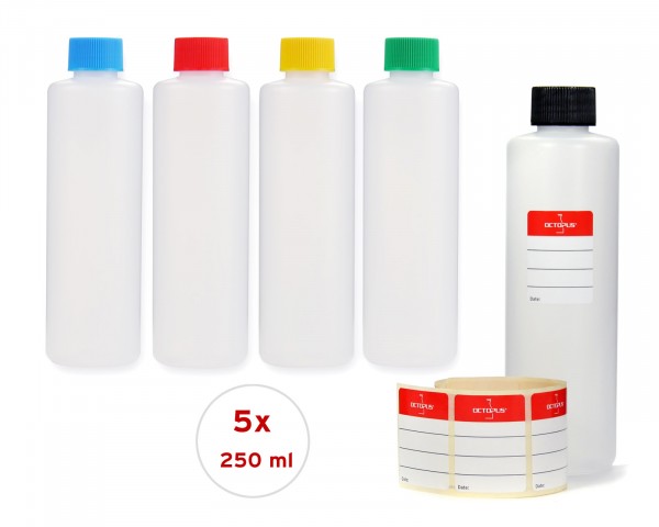 5 x 250 ml round HDPE plastic bottles with colorful screw caps