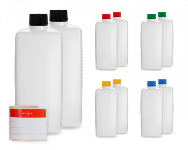 10 Plastikflaschen 500 ml eckig aus HDPE mit farbigen Schraubverschlüssen