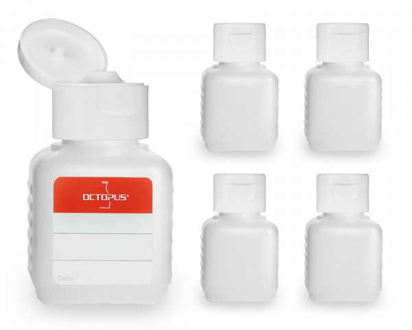 5 x 50 ml HDPE plastic bottles with white turn-up lid caps