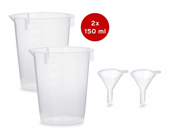 2x measuring cups 150 ml + 2x mini funnels for filling and transferring liquids such as inks, e-liquids, oils, foods, bases and many more.