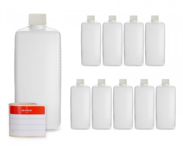 10 Plastikflaschen 500 ml eckig aus HDPE mit weißen Schraubverschlüssen