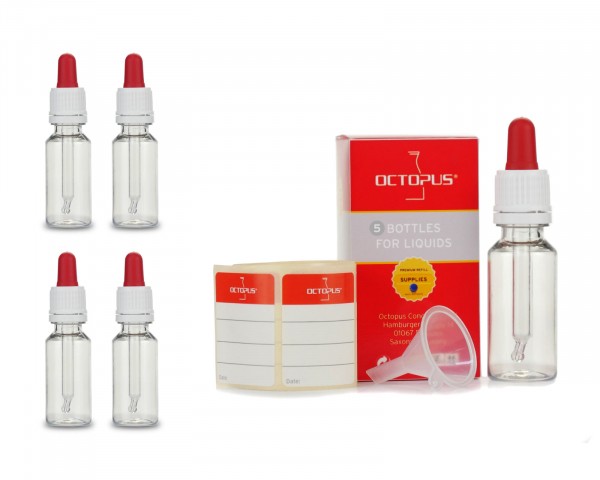 5 x 20 ml PET bottles with glass pipette