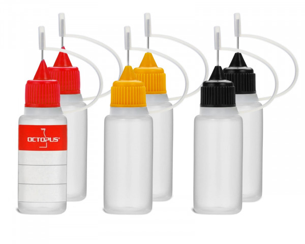 6 Plastikflaschen 10 ml mit Tropfverschluss und Nadelkappe, schwarz, gelb, rot