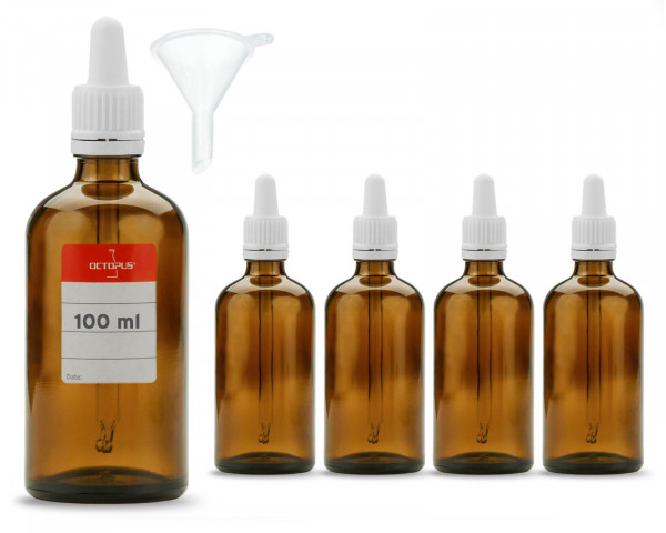 5 x 100 ml Braunglasflaschen mit Pipetten, Laborflaschen mit Dosierpipette, inkl. Trichter + Etikett