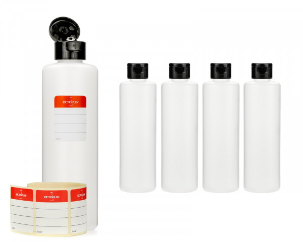 5 x 250 ml runde Plastikflaschen aus HDPE mit schwarzen Klappverschlüssen