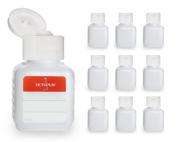 10 x 50 ml HDPE plastic bottles with white turn-up lid caps