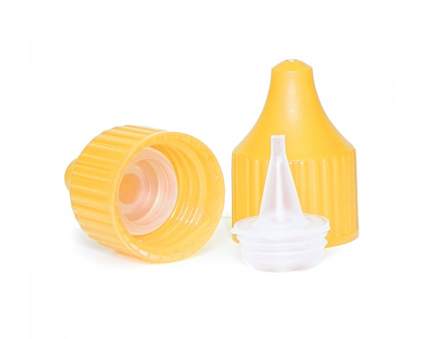 Drip cap LDPE, PP plastic golden yellow, natural coloured tip, RD18