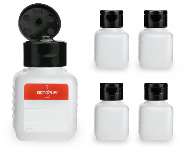 5 x 50 ml HDPE plastic bottles with black turn-up lid caps