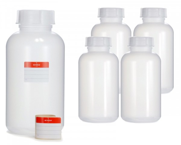 5x 2000 ml Wide neck bottle with screw cap, chemical bottle, laboratory bottle LDPE, natural colour