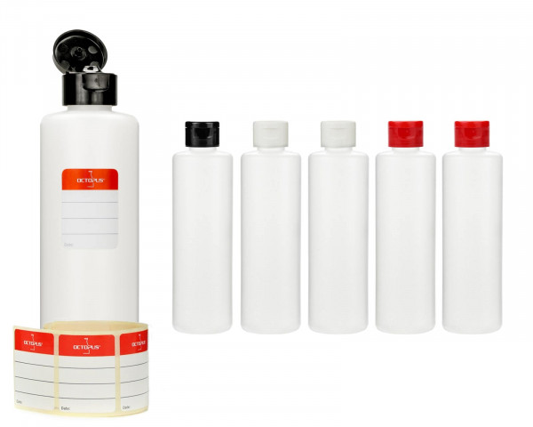 6 x 250 ml runde Plastikflaschen aus HDPE mit je 2x schwarzen, weißen, roten Klappverschlüssen