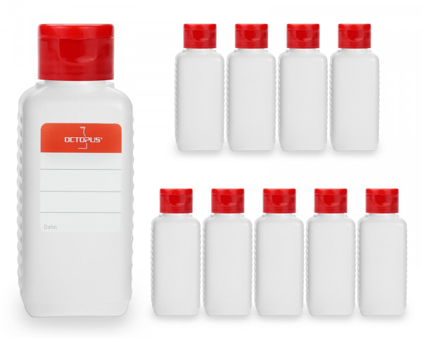 10 x 100 ml HDPE plastic bottles with red turn-up lid caps