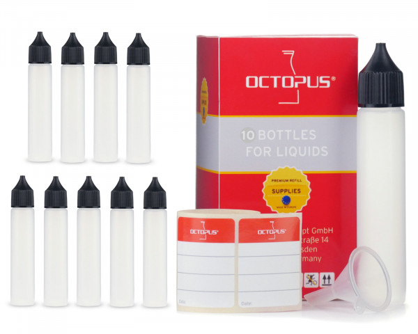 10 Plastikflaschen 30 ml länglich aus LDPE, G18, Tropfeinsatz, Deckel schwarz, 1 Mini-Trichter