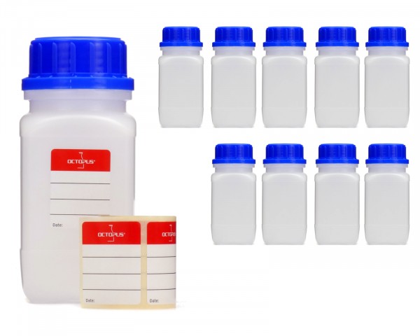 10x 250 ml Wide neck bottle with screw cap, chemical bottle, laboratory bottle HDPE, natural colour