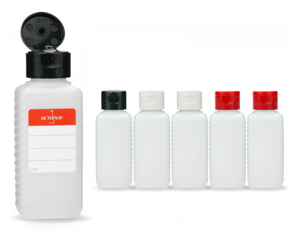 6 x 100 ml Plastikflaschen aus HDPE mit je 2x schwarzen, weißen, roten Klappverschlüssen