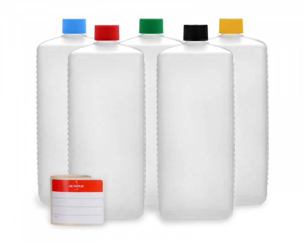 5 Plastikflaschen 1.000 ml eckig aus HDPE mit farbigen Schraubverschlüssen