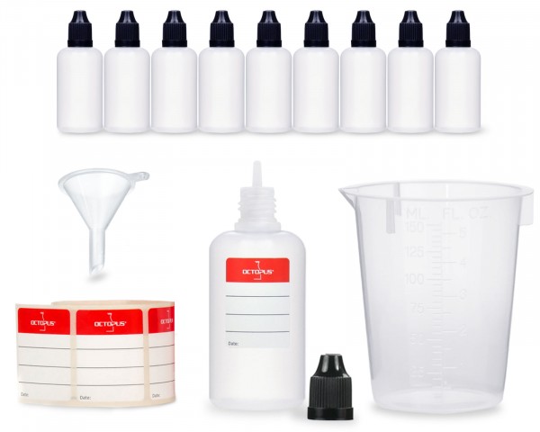 10 x 50 ml LDPE liquid bottles with black caps, mini funnel, measuring cup and labels