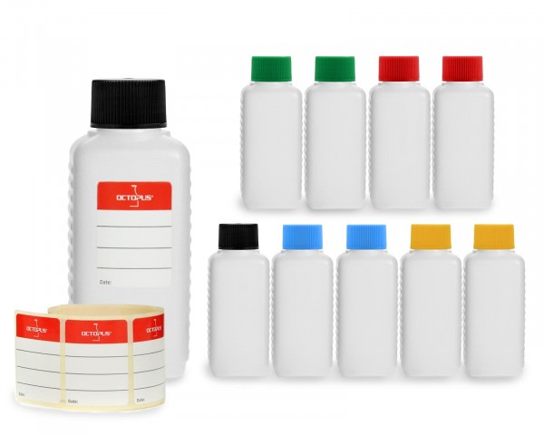 10 x 100 ml HDPE plastic bottles with colorful screw caps