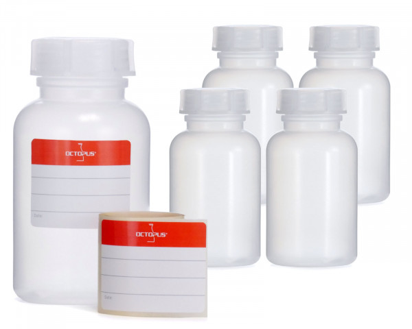 5x 250 ml Wide neck bottle with screw cap, chemical bottle, laboratory bottle LDPE, natural colour