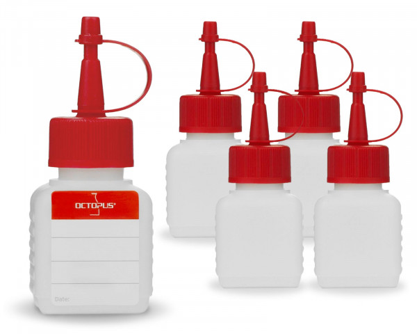 5 x 50 ml HDPE plastic bottles with red dosage caps