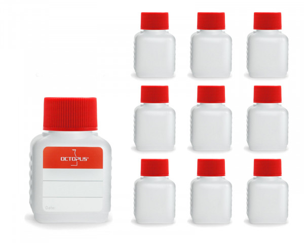 10 x 50 ml HDPE plastic bottles with red screw caps