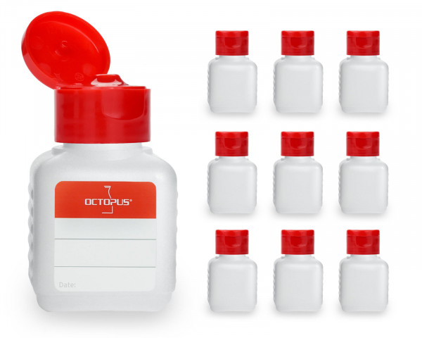 10 x 50 ml HDPE plastic bottles with red turn-up lid caps